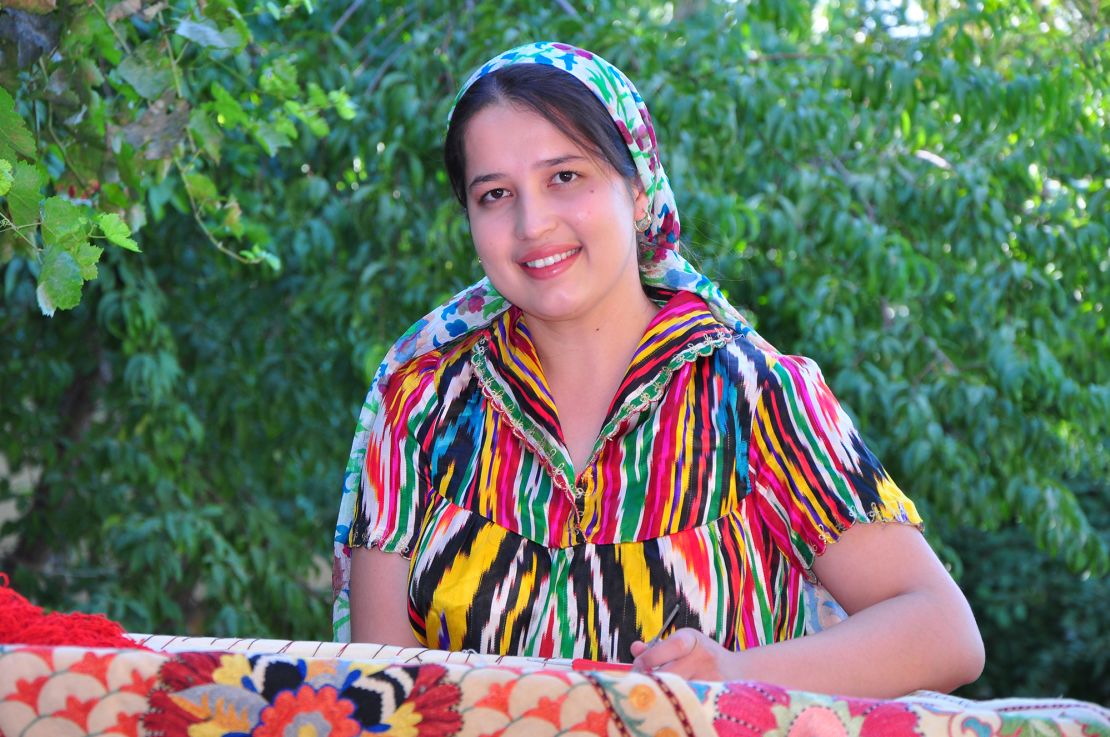 Aziza Tojiyeva, 24, who lives in a small village about 50 kilometers (30 miles) outside of Bukhara, Uzbekistan, sells hand-embroidered textiles on Etsy, Instagram and eBay.