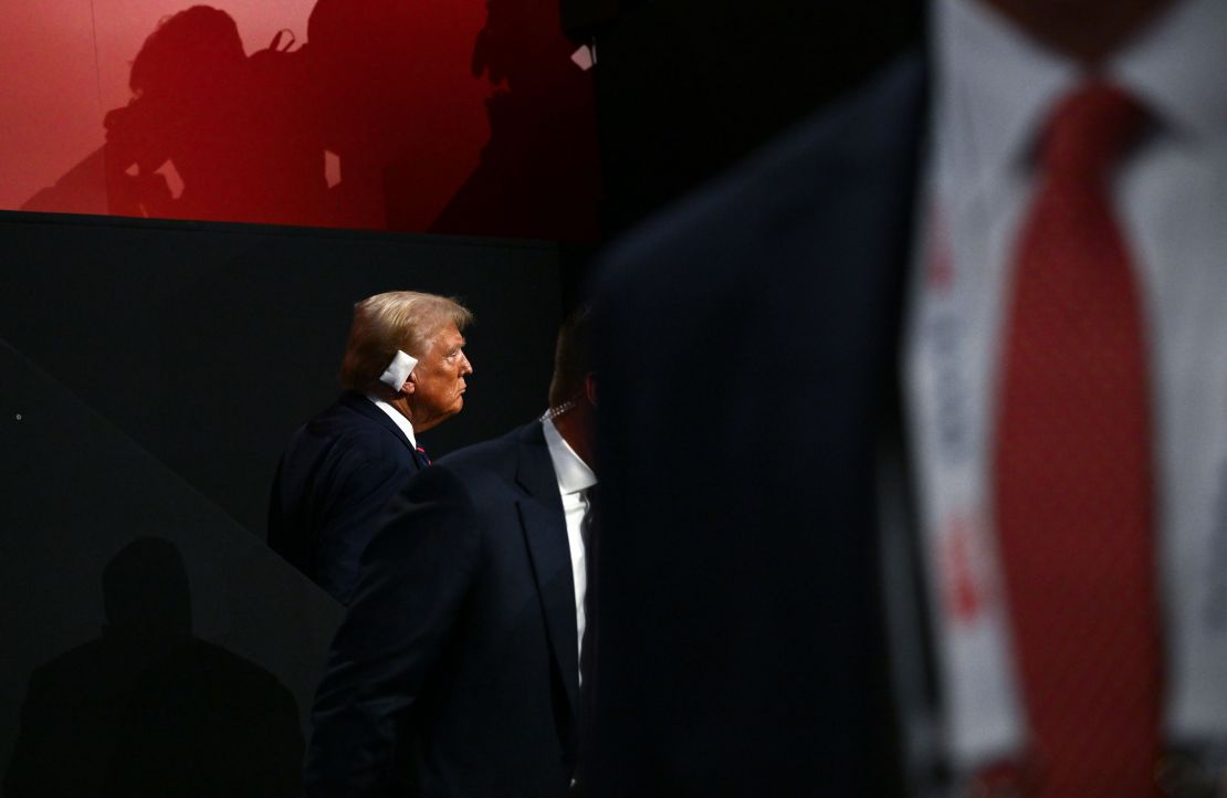 Trump wears a bandage on his right ear at the 2024 Republican National Convention in Milwaukee, Wisconsin, days following the assassination attempt.