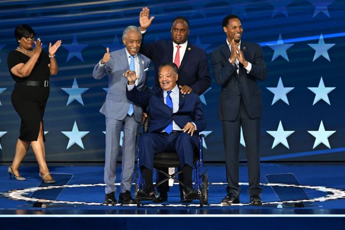 The Rev. Jesse Jackson <a href="https://www.cnn.com/politics/live-news/dnc-democratic-national-convention-08-19-24#h_96f69828430d150220579f790a7c924e">is honored on stage</a> at the Democratic National Convention on Monday. In recent years, <a href="https://www.cnn.com/2017/11/17/health/jesse-jackson-parkinsons-bn/index.html">Jackson’s battle with Parkinson’s disease</a> has largely taken him out of the national spotlight, but Democrats cheered as the 82-year-old civil rights leader appeared alongside the Rev. Al Sharpton and NAACP President Derrick Johnson.