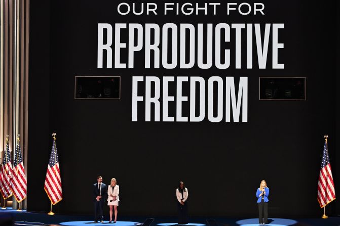 Amanda and Josh Zurawski, left, join Kaitlyn Joshua and Hadley Duvall on stage as they speak about reproductive rights on Monday. <a href="https://www.cnn.com/politics/live-news/dnc-democratic-national-convention-08-19-24#h_b10ff64ab010332d86a1ba5e9412b4c4">The Zurawskis</a> were told that they were going to lose their baby, but they had to wait days — until Amanda’s life was in jeopardy — to receive an abortion because they lived in Texas, they said.