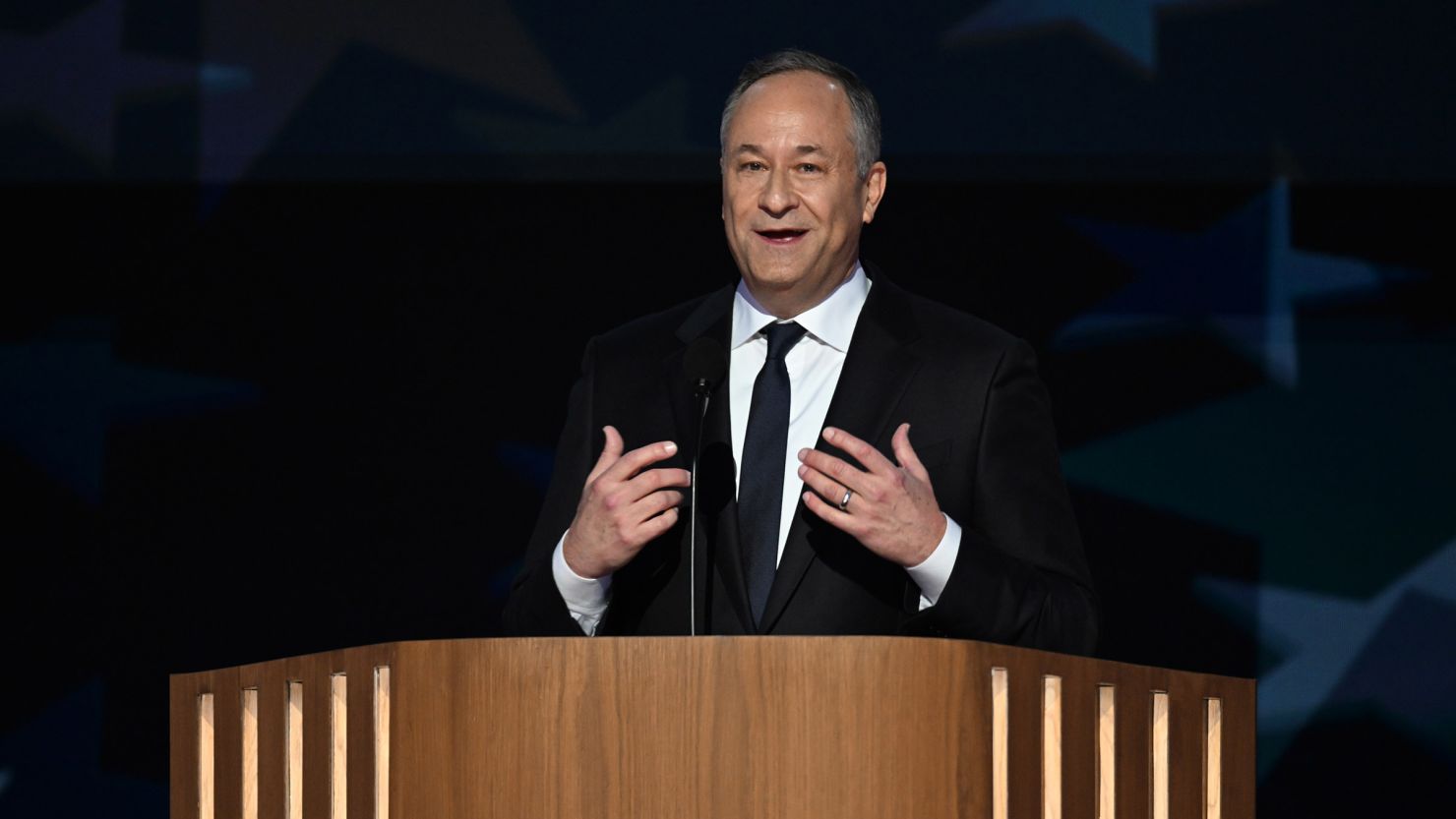 Second gentleman Doug Emhoff speaks on stage at the 2024 Democratic National Convention in Chicago on August 20, 2024.