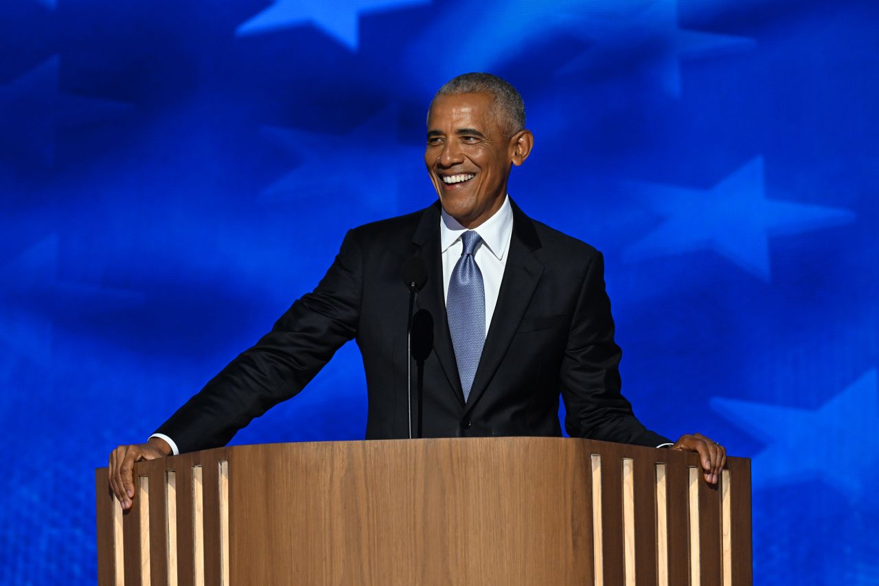 Former President Barack Obama speaks on Tuesday, August 20, in Chicago during the DNC.