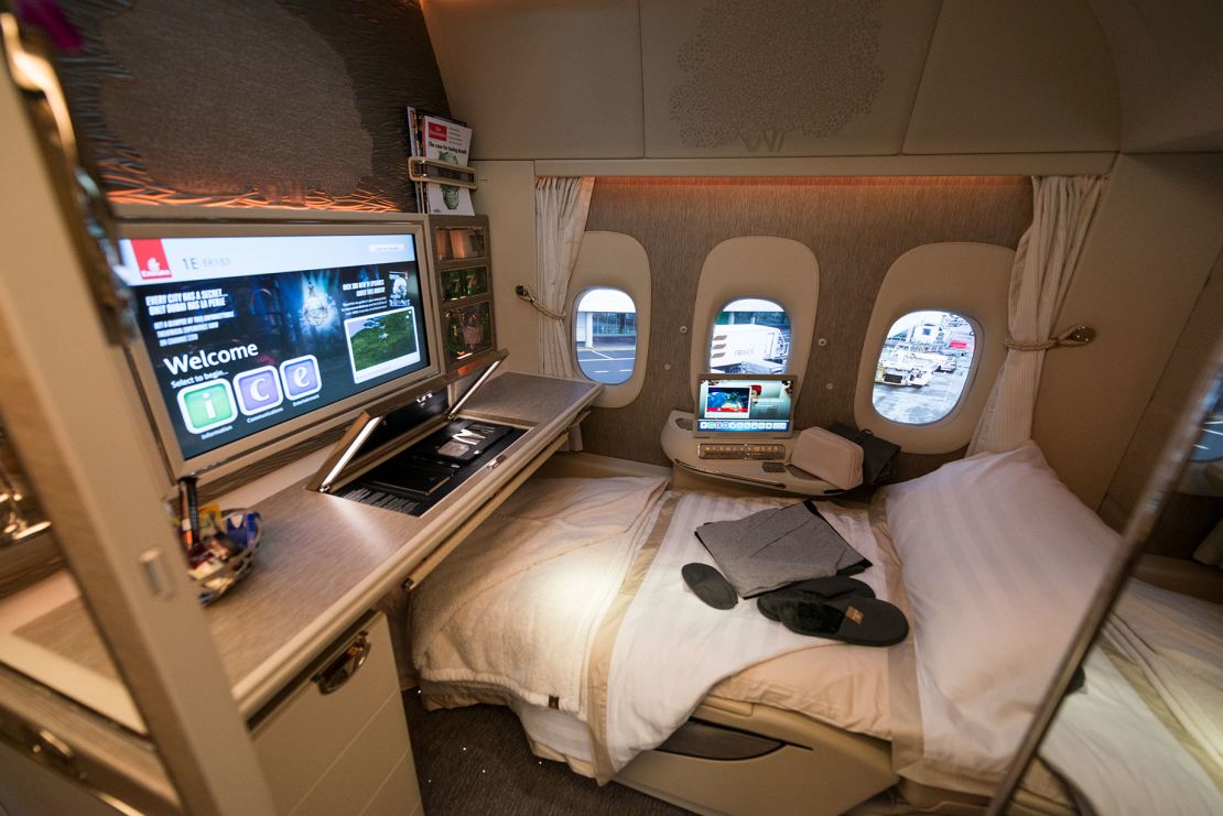 A photo of a first class seat on an Emirates Boeing 777-300ER aircraft