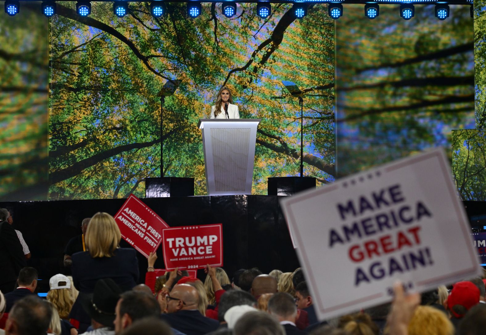 Alina Habba, an attorney for Donald Trump, speaks at the convention on Thursday. “The only crime President Trump has committed is loving America,” <a >she said</a>.