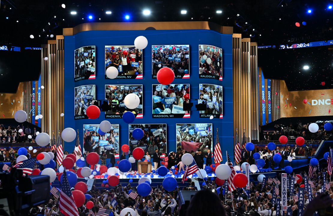 Balloons fall at the finale of the Democratic National Convention in Chicago, on August 23, 2024.