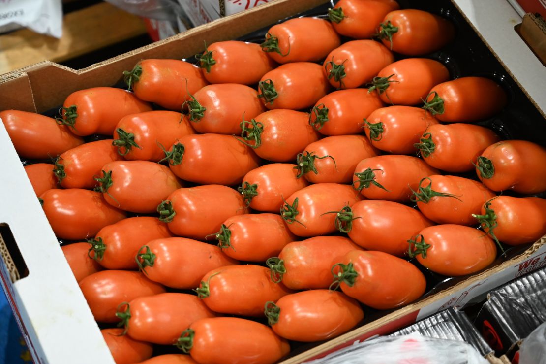 Roma tomatoes from Spain at the Birmingham Wholesale Market in Birmingham, UK.