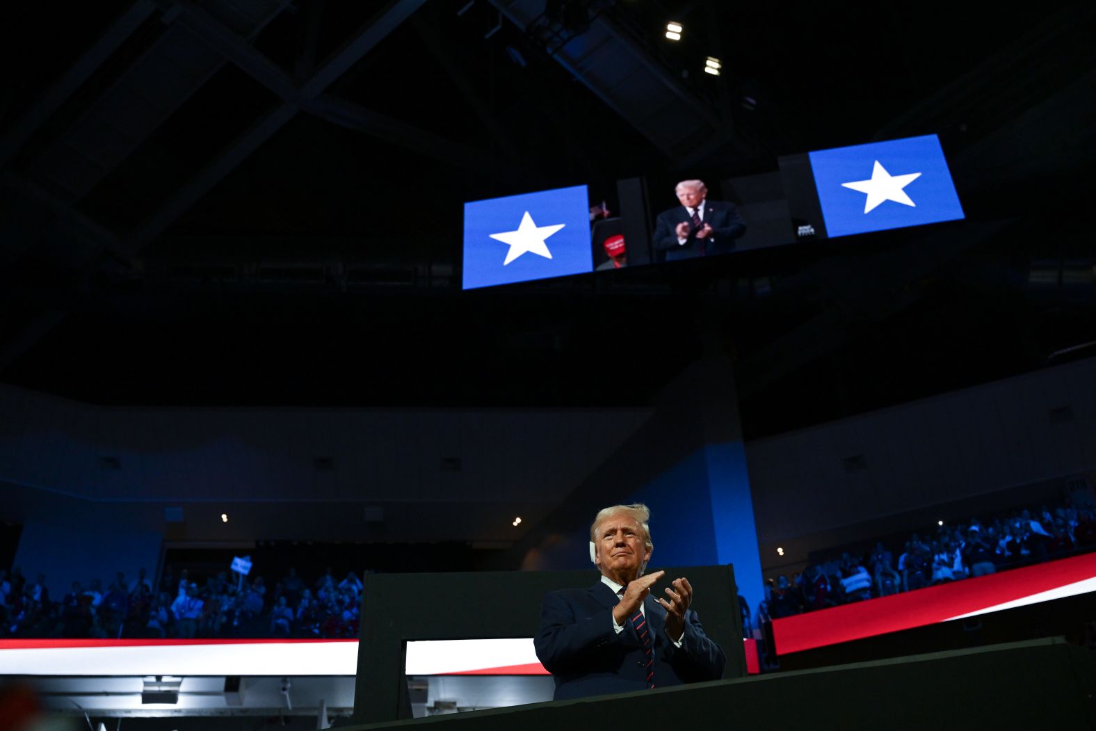 Trump is introduced to the crowd at the Fiserv Forum on Wednesday.