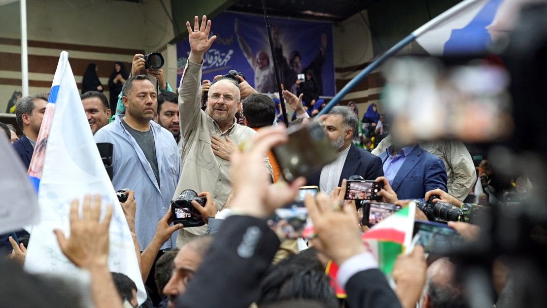 Iranian presidential candidate Mohammad Bagher Ghalibaf’s supporters gathered on the final day of campaigning to hear him speak, in Tehran, Iran on Thursday.