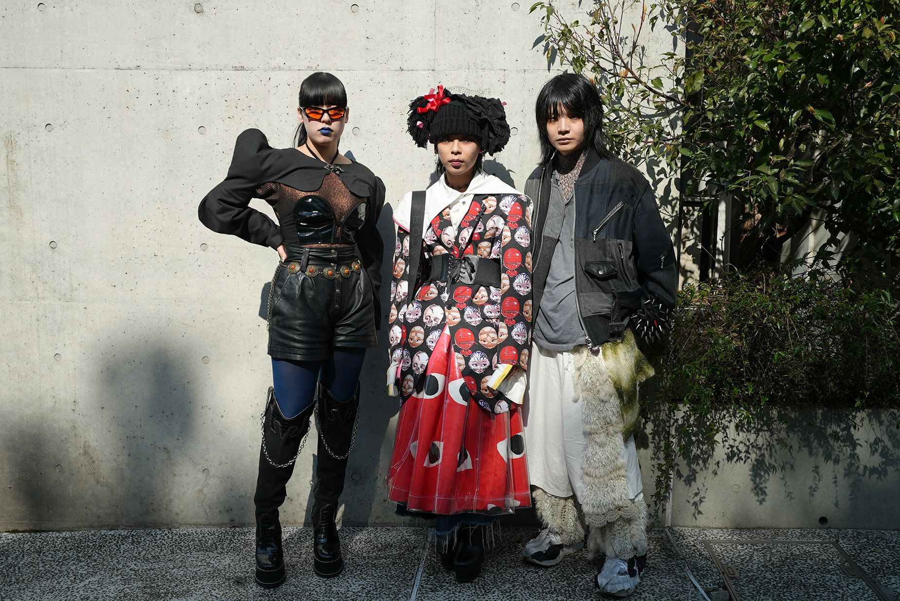 Natsumi Maso, Ryu Kobayashi, Soga Takahashi pictured outside Japanese label Meagratia's runway show on Friday. 