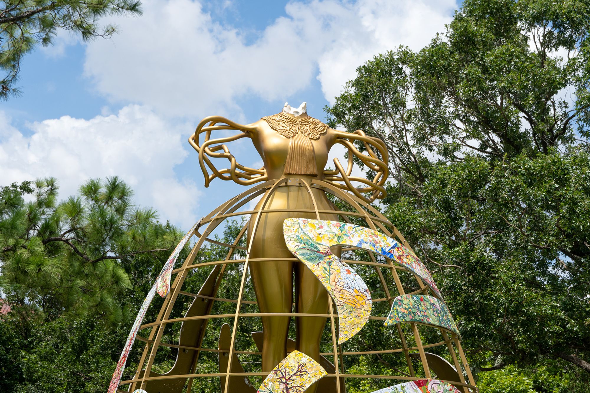 “Witness,” an 18-foot golden statue of a levitating woman by Shahzia Sikander has been vandalized while on display at the University of Houston.