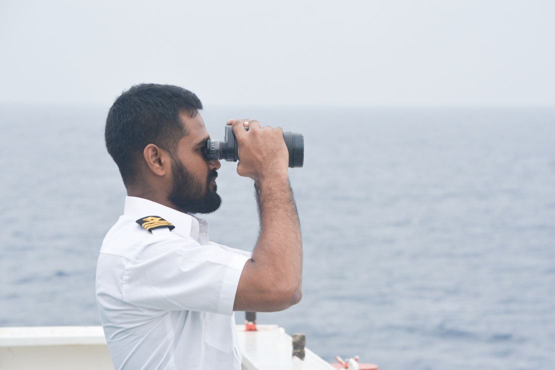 Md Atik Ullah Khan during a navigational watch in 2017. Keeping an eye on passing traffic is key to managing potential threats.