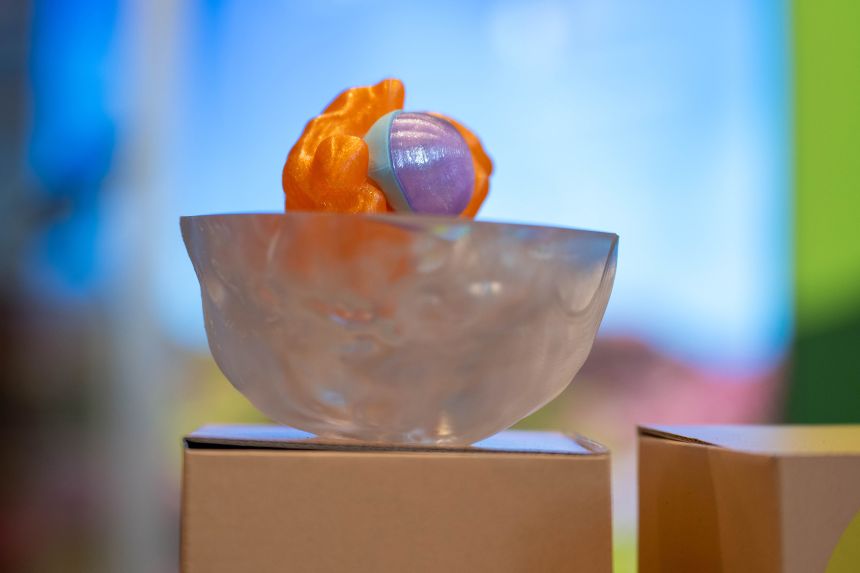 A 3D-printed replica of a human embryo model on display as part of an exhibit by The Francis Crick Institute at the Royal Society's Summer Science Exhibition in London earlier this month. The replica is about 500 times bigger than the actual embryo model, which was 0.3 millimeters.