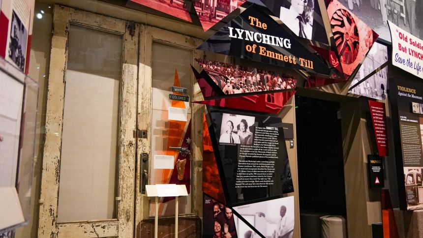 Doors to the Bryant's Grocery & Meat Market on display at the Two Mississippi Museums' Emmett Till exhibit.