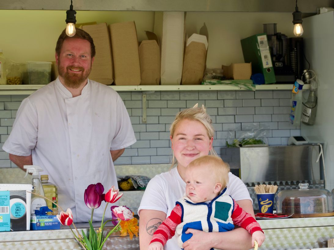 Grant and Heather Mercer, and their young son, at their Crofter's Kitchen beachfront food truck at Scourie, one of the remotest villages on the NC500 route.