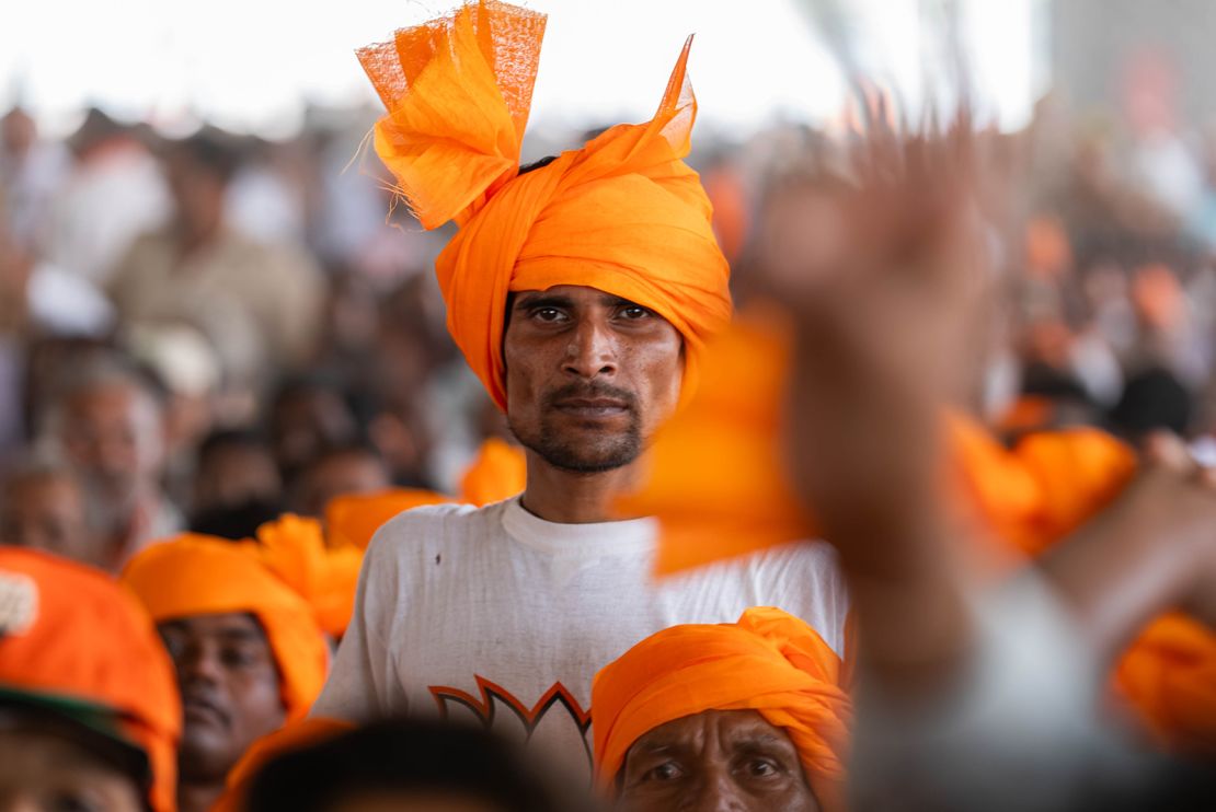 A Modi supporter at his rally in Aligarh, India, on April 22, 2024.