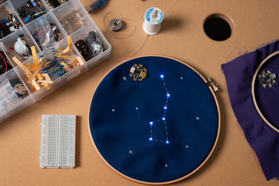 One of Ernst's beginner tutorials is an embroidered Big Dipper constellation that can be coded through a small, sewn-in chip to flicker like the stars.