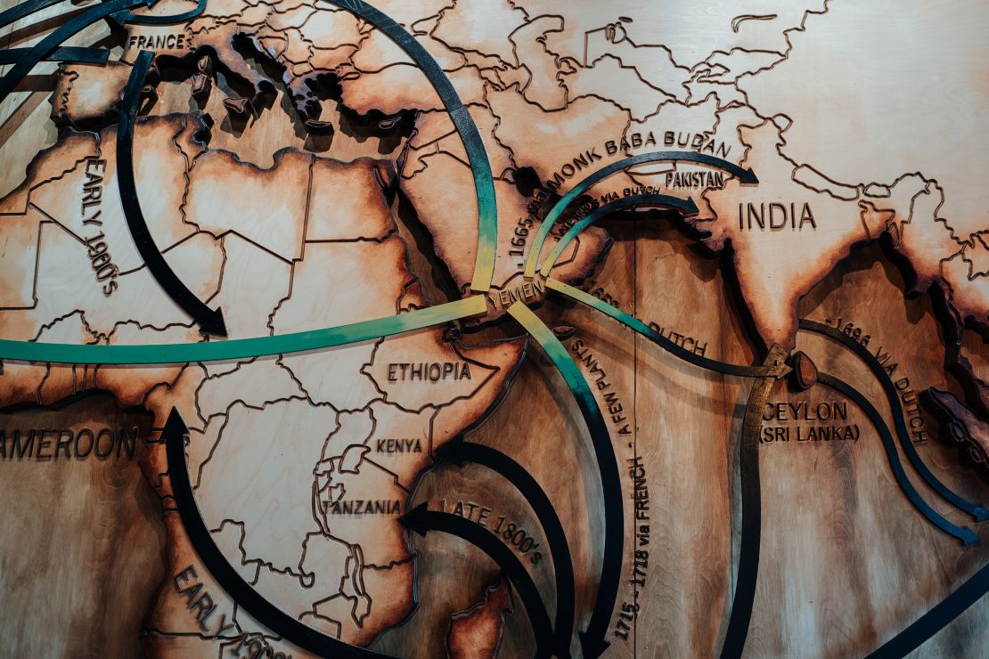 Each Qahwah House location has a three-dimensional world map on the wall depicting coffee trade routes from Yemen.