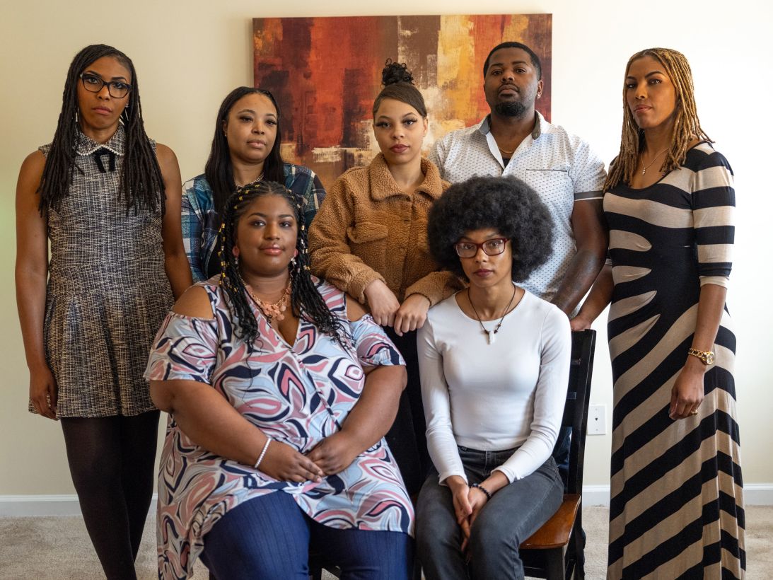 Relatives of Qaadir and Naazir Lewis gathered on May 10 in Lithonia, Georgia. Standing, from left are Samira Brawner, Tamonica Brawner, Shania Brawner, Rahim Brawner and Sabriya Brawner. Seated, from left, are Yasmine Brawner and Kai'ree Powell.