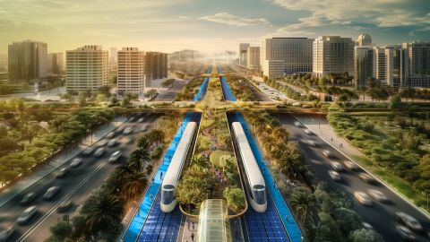 Urban design firm URB has released designs for its proposed “<a href="https://www.designboom.com/architecture/urb-worlds-greenest-highway-dubai-solar-powered-trams-green-spine-07-09-2024/" target="_blank">Green Spine</a>,” a 64-kilometer highway along Sheikh Mohammad Bin Zayed Road in Dubai. The project, in alignment with the city’s 2040 Urban Master Plan, will rely entirely on renewable energy, predominantly solar power.