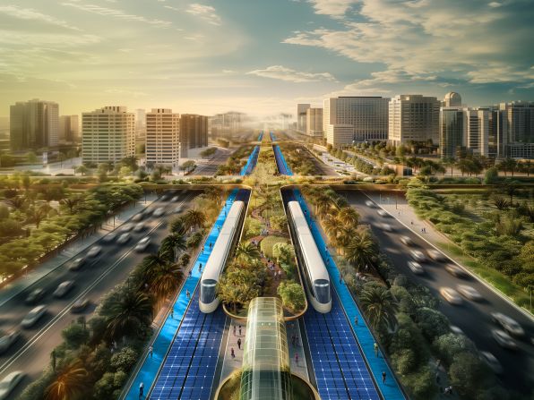 If built, the Green Spine would integrate a variety of smart technology, including "internet of things" (IoT) sensors that could manage energy consumption and smart traffic control, and autonomous solar-powered trams, pictured in this render.