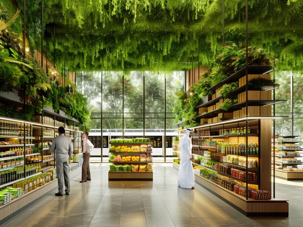 In addition to public transport, the green highway could include community facilities that would help transform Dubai into a "20-minute city," reducing the need for residents to travel far from home to access essential amenities, such as groceries, pictured in this render.