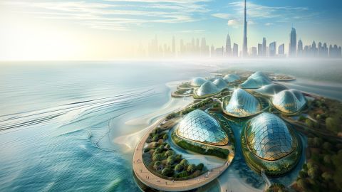 A project called Dubai Mangroves, shown in this rendering, aims to install 100 million new mangroves across 40 miles of coastline in the United Arab Emirates. If it were to go ahead, it would become the world’s largest coastal regeneration project.