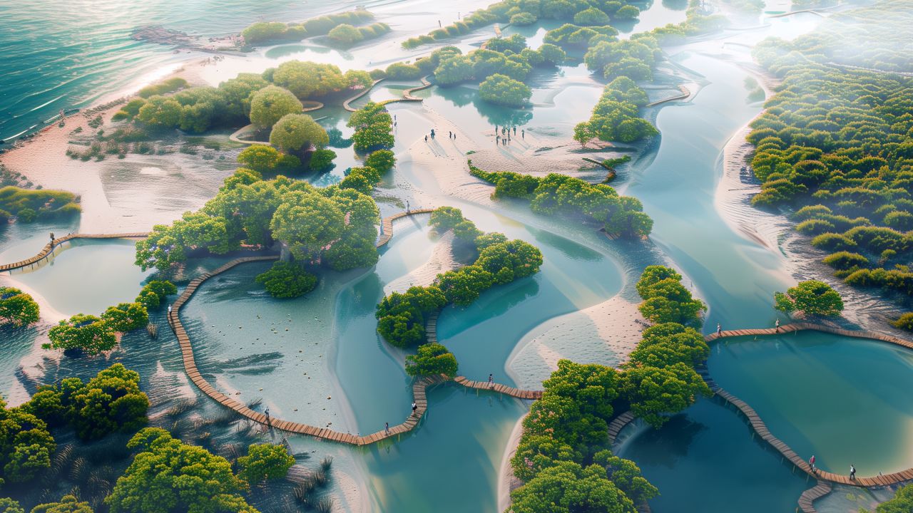 URB, the developer behind the design, hopes it will be completed by 2040, Mangroves are a class of tree and shrubs that thrive along coastlines in salt or brackish water, and have a natural ability to dampen sea level rise and absorb CO2 from the atmosphere, becoming “carbon sinks.”