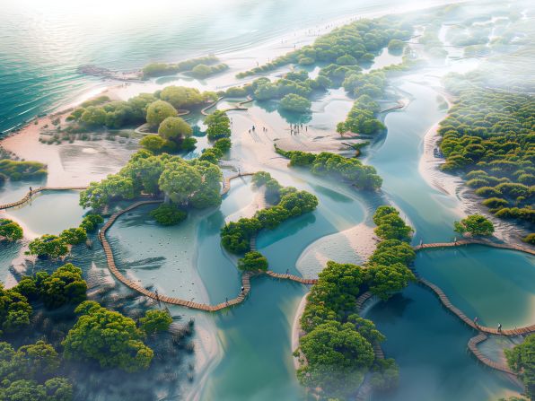 URB, the developer behind the design, hopes it will be completed by 2040. Mangroves are a class of tree and shrubs that thrive along coastlines in salt or brackish water, and have a natural ability to dampen sea level rise and absorb CO2 from the atmosphere, becoming “carbon sinks.”