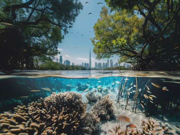 As well as sequestering carbon dioxide from the atmosphere, mangroves function as nurseries for marine wildlife, and provide habitats to fish and bird species.