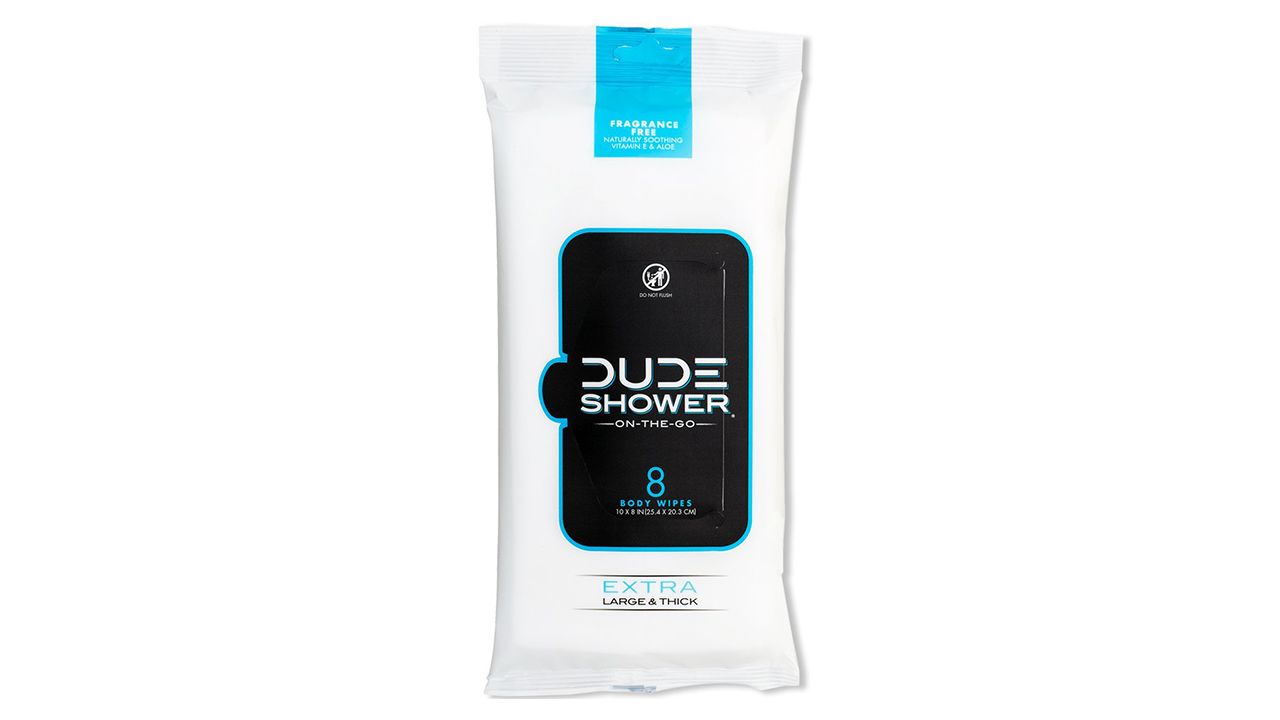 A photo of an 8-pack of Dude WIPES Shower On The Go wipes