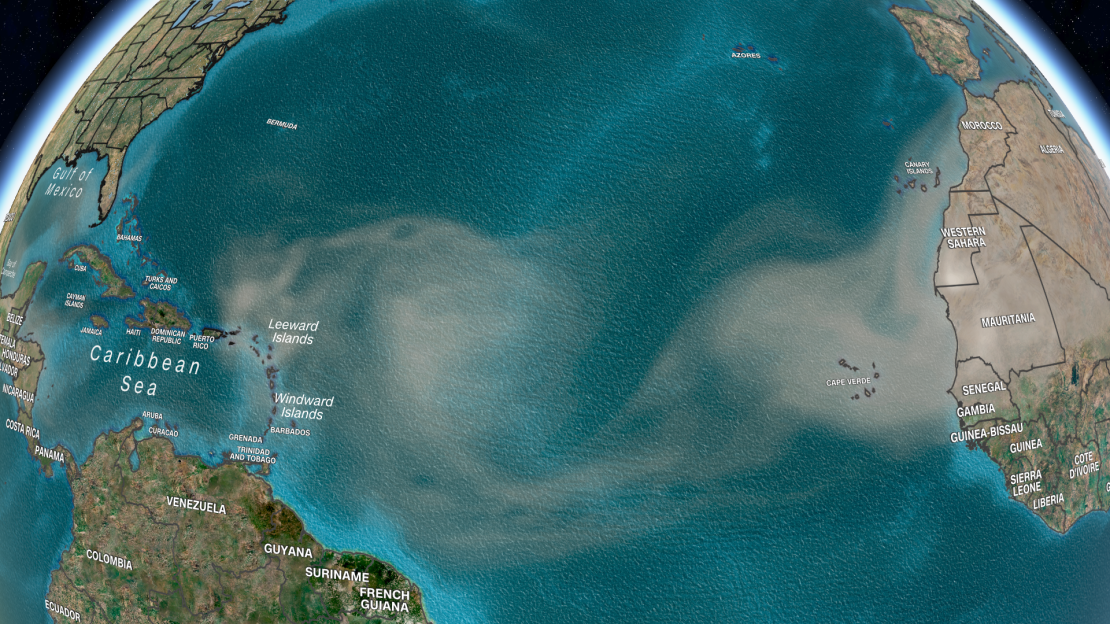 A forecast model shows Saharan dust spreading over much of the tropical Atlantic Ocean late this week.