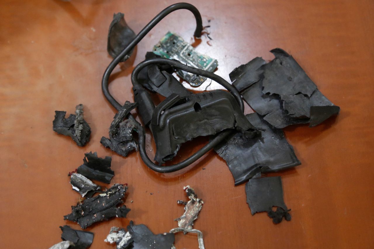 A photo taken on September 18, 2024, in Beirut's southern suburbs shows the remains of exploded pagers on display at an undisclosed location.?