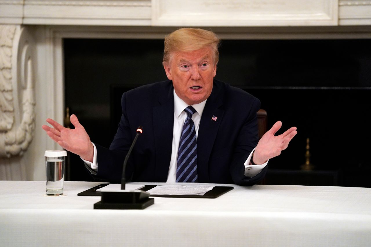 President Donald Trump speaks during a meeting with Republican lawmakers, in the State Dining Room of the White House, on May 8.