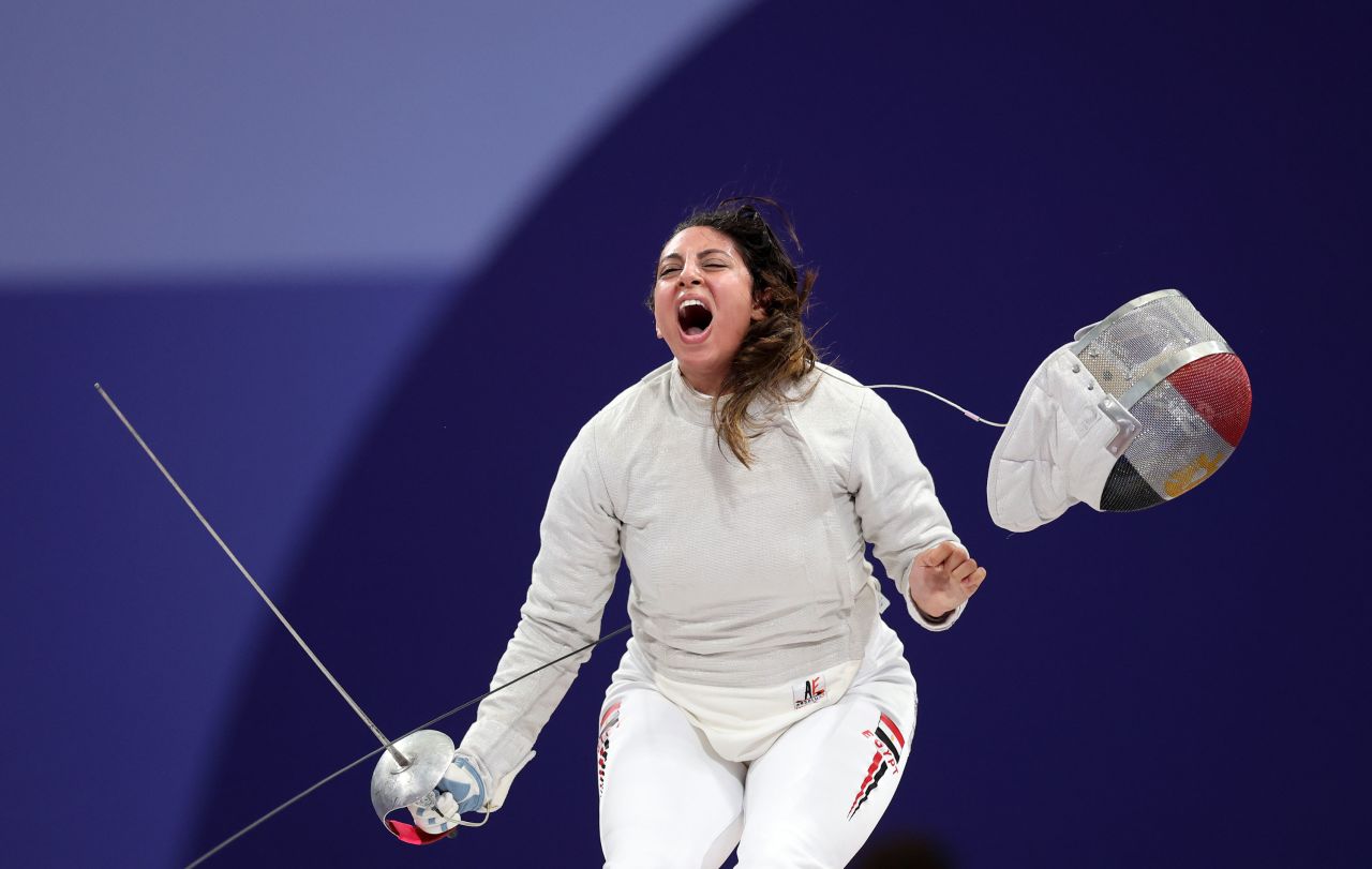 Nada Hafez of Egypt celebrates her victory against Elizabeth Tartakovsky of the United States on Monday.