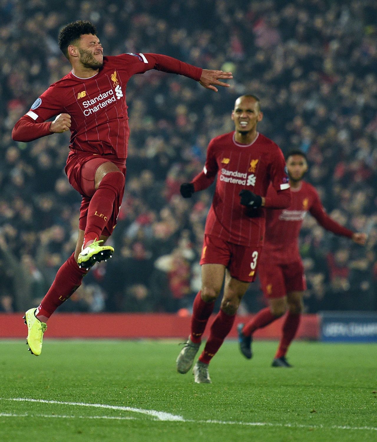 Alex Oxlade-Chamberlain celebrates after scoring for Liverpool.