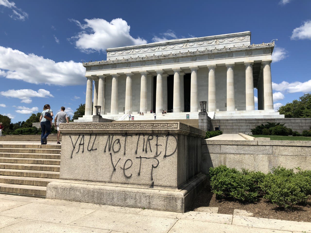 Graffiti at the Lincoln Memorial in Washington on May 31.