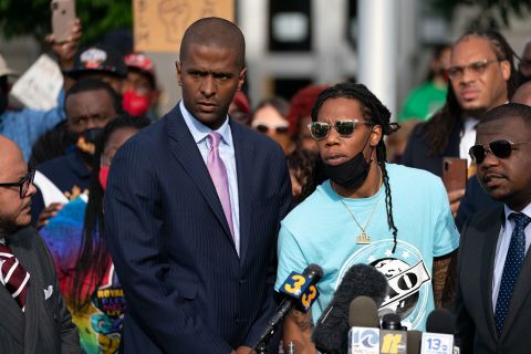 From left, attorney Bakari Sellers, Andrew Brown Jr.'s son Khalil Ferebee and attorney Harry Daniel listen to a question during a news conference in Elizabeth City, North Carolina, on May 11.