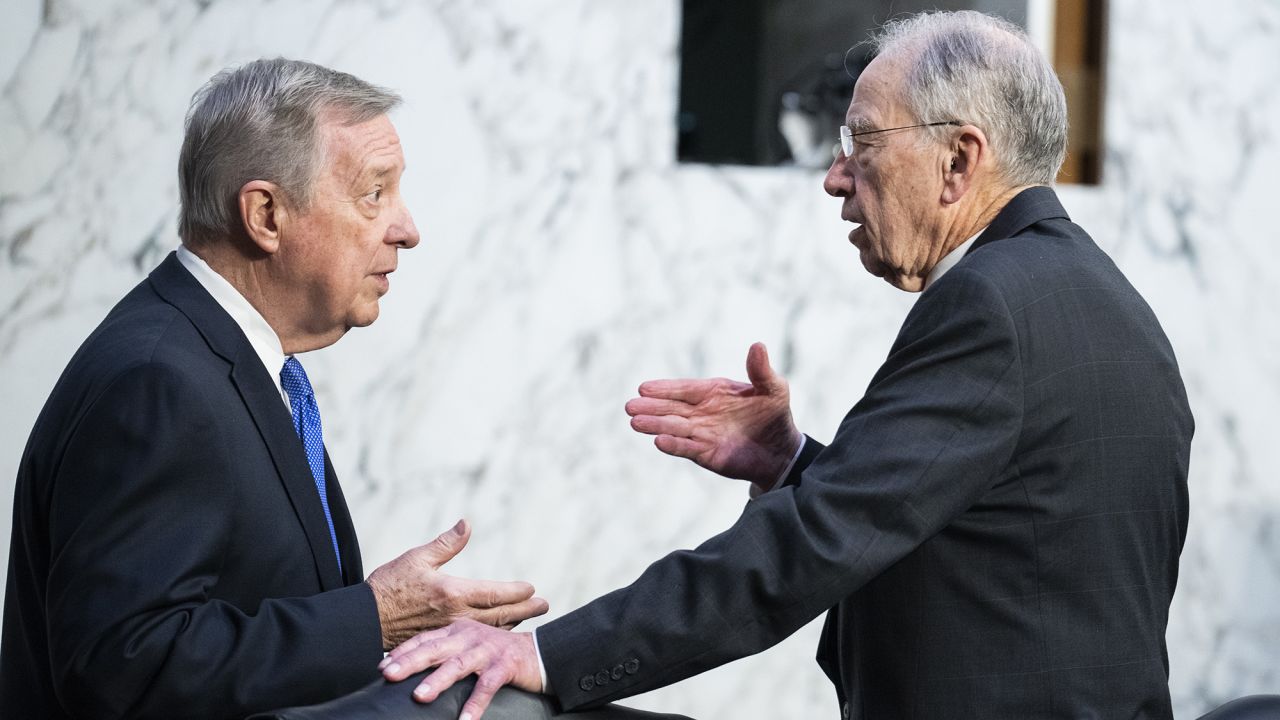 Chairman Sen. Richard Durbin, left, and ranking member Sen. Chuck Grassley, are seen before Judge Ketanji Brown Jackson testifies on Wednesday, March 23.