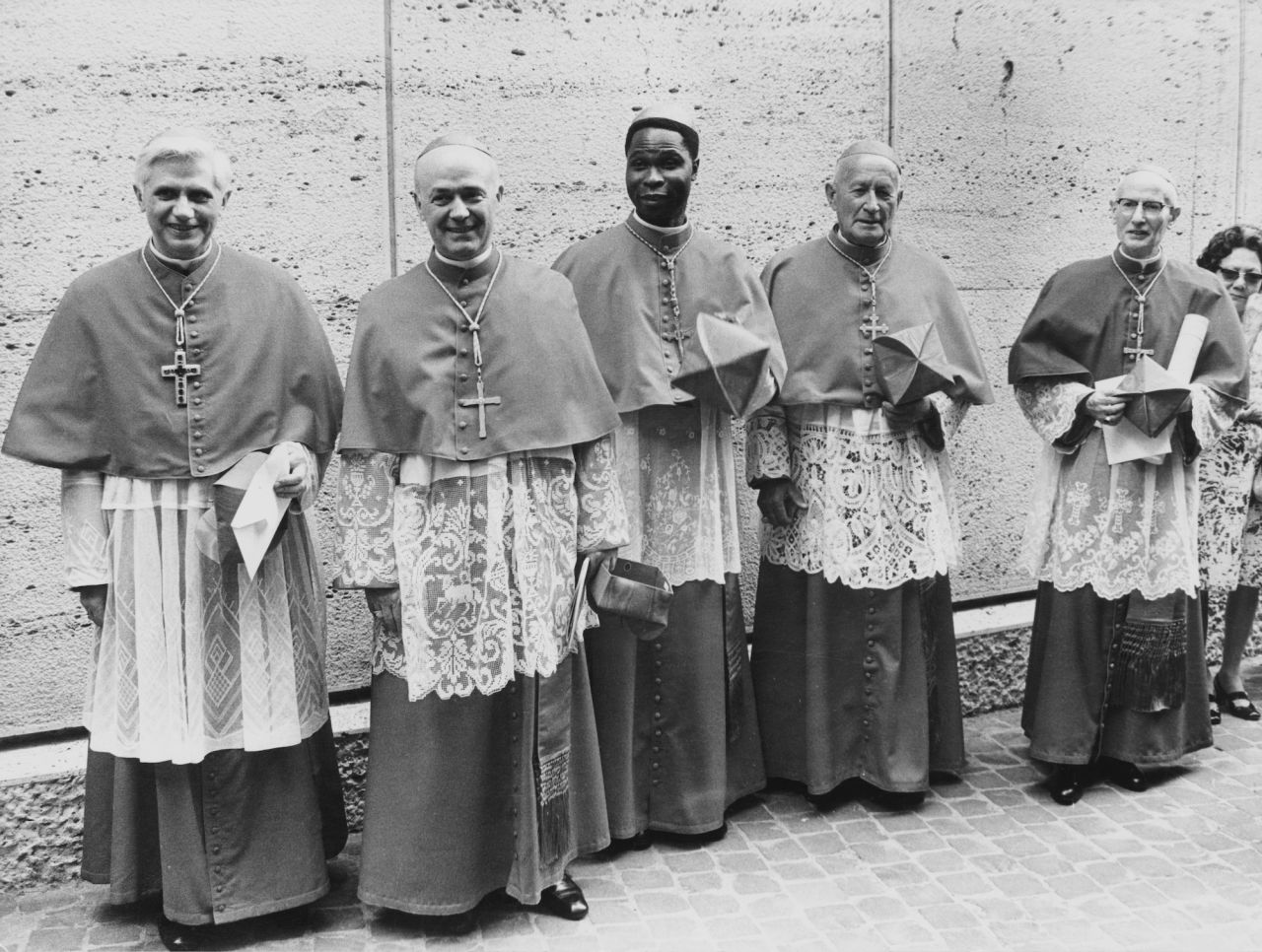 Benedict, left, stands as one of five new cardinals created by Pope Paul VI in June 1977.