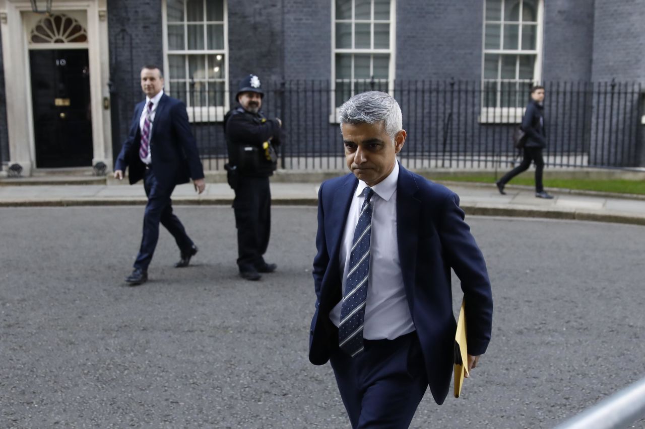 London Mayor Sadiq Khan leaves 10 Downing Street in London on March 16, after an emergency meeting on the UK government's response to the coronavirus outbreak.