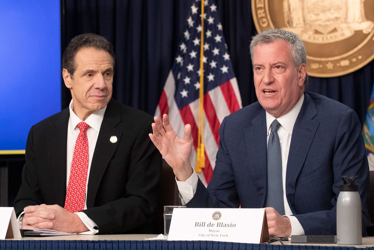 New York Gov. Andrew Cuomo, left, and Mayor Bill de Blasio discuss the state and city's preparedness for the spread of the coronavirus on March 2.