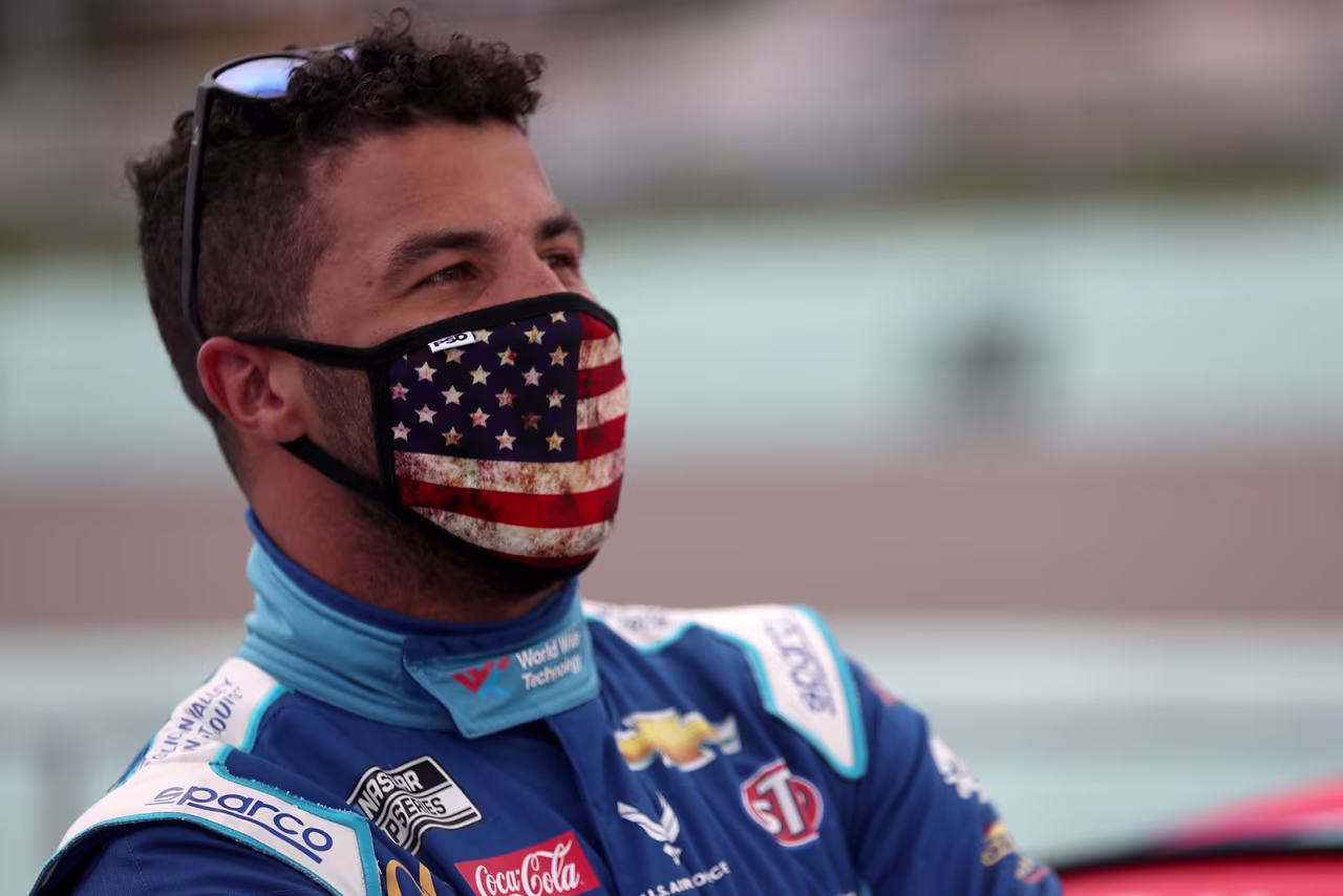 Bubba Wallace, driver of the #43 World Wide Technology Chevrolet, stands on the grid prior to the NASCAR Cup Series Dixie Vodka 400 at Homestead-Miami Speedway on June 14, in Homestead, Florida. 