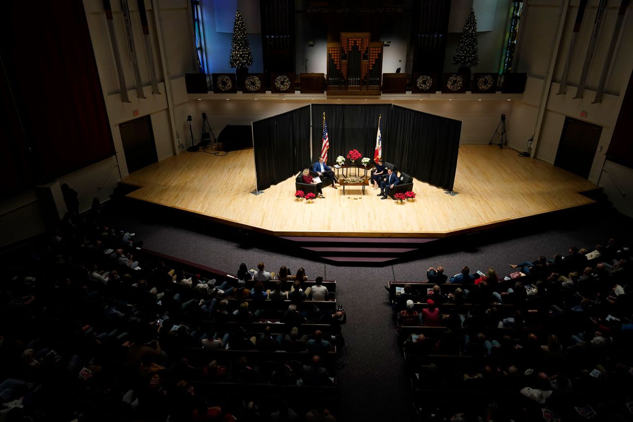 Florida Gov. Ron DeSantis, right, speaks during Rep. Randy Feenstra's "Faith and Family with the Feenstras" event on Saturday in Sioux Center, Iowa.