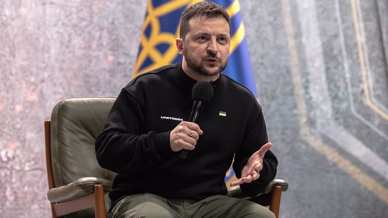 Ukrainian President Volodymyr Zelensky speaks to the media during a press conference as Ukraine marks one year since Russia's large-scale invasion, on February 24 in Kyiv, Ukraine. 