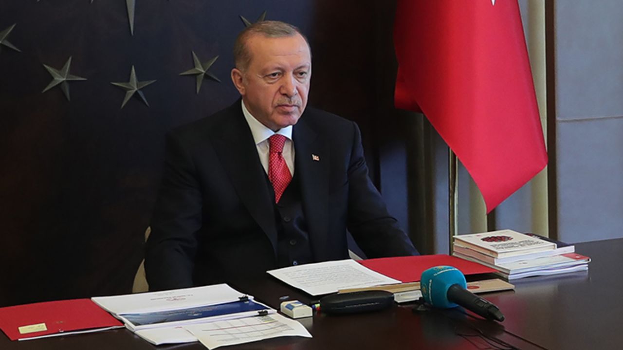 Turkish President Recep Tayyip Erdogan chairs the cabinet meeting via video conference call in Istanbul, Turkey on Monday, May 18. 