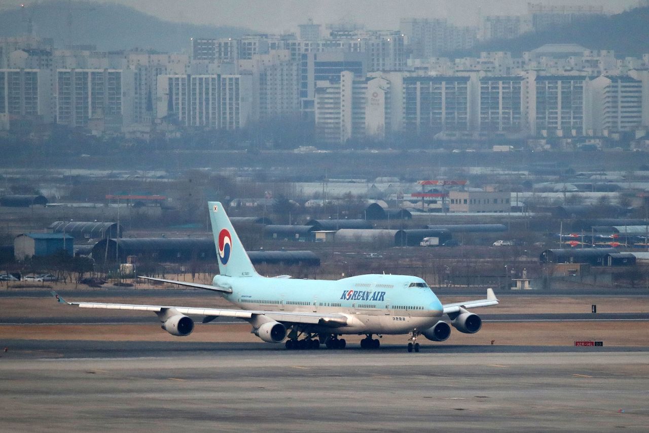 In this file photo, an airplane carrying South Korean citizens repatriated from Wuhan lands in Seoul, South Korea, January 31.