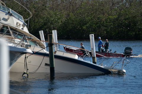 A search and rescue team returns to port near isolated Sanibel Island after Hurricane Ian in Fort Myers, Florida, on October 1, 2022.