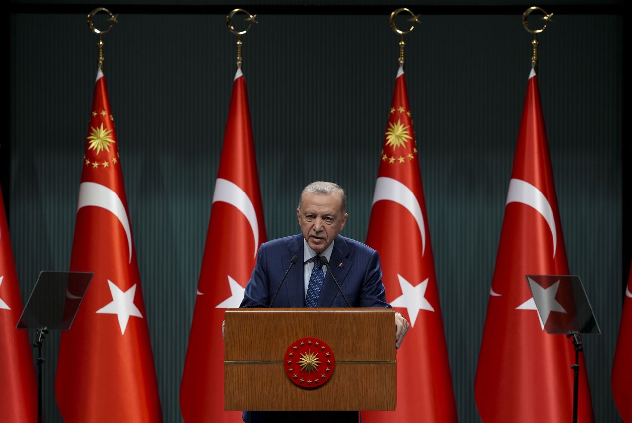 Turkish President Recep Tayyip Erdogan delivers remarks after cabinet a meeting in Ankara, Turkey, on May 6.