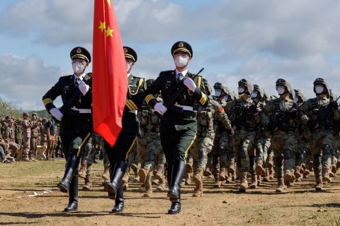 Chinese service members at the opening ceremony for joint military exercises in the far eastern Primorsky region of Russia on August 31.