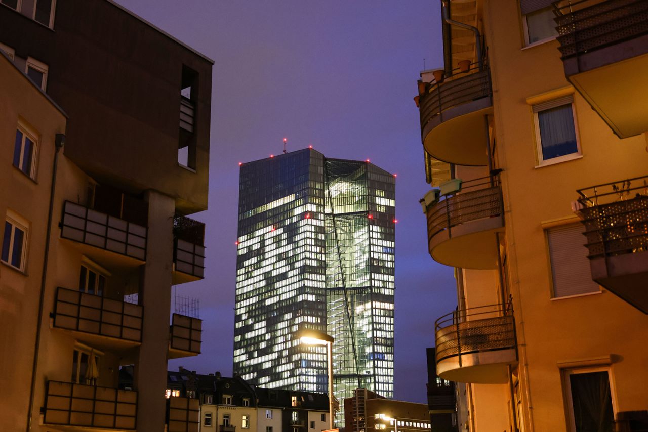 The headquarters of the European Central Bank (ECB) stands at twilight on February 2 in Frankfurt, Germany.?